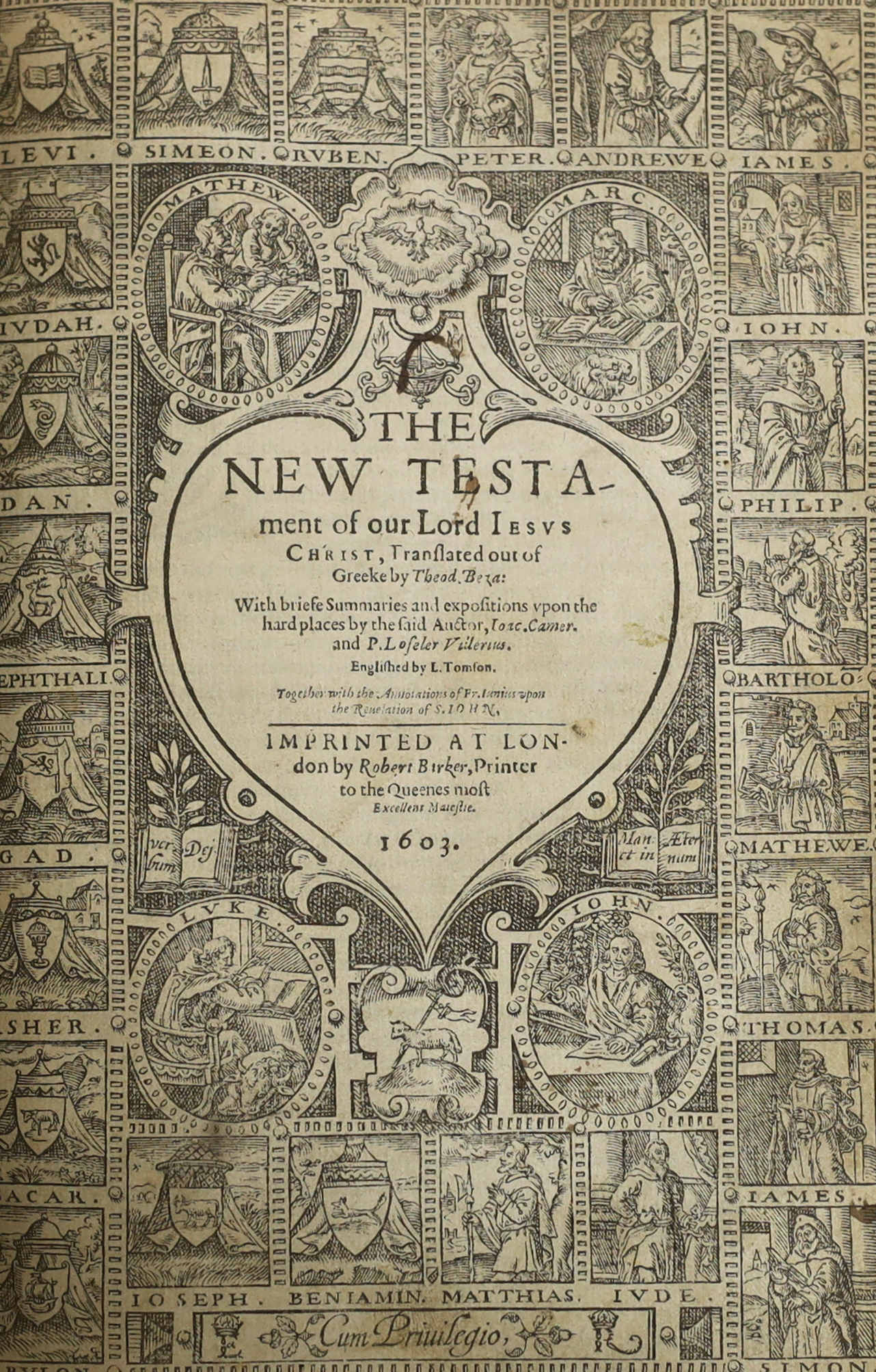 Bible - A Robert Barker 1603 Geneva (and Tomson-Junius) version, lacking the general title and the final leaf of the Old Testament. (The Bible:....With....Annotations...) New Testament pictorial engraved title, OT. part